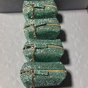 (4) Too Faced Green Glitter Small Makeup Case w Paris Charm New